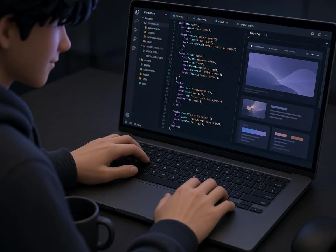An avatar editing a site in a code editor with a live preview