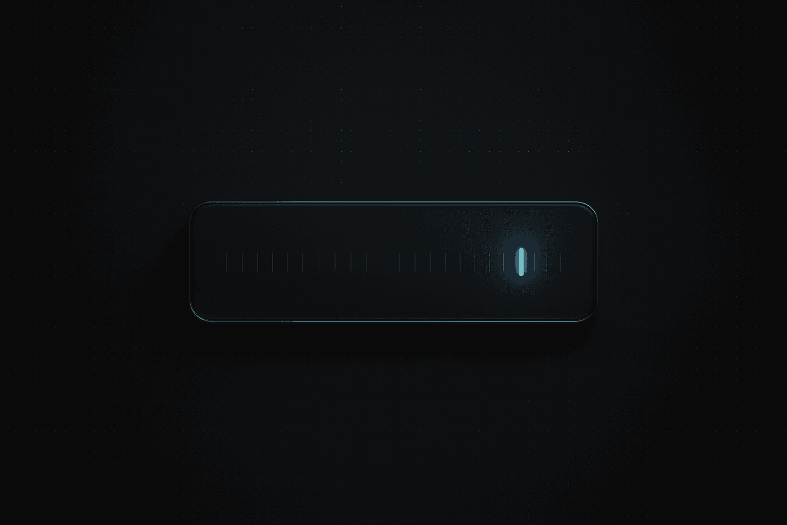 A wide dark glass operations panel floating in the center. On it, a long row of dim tick marks and one short segment glowing bright cyan, as